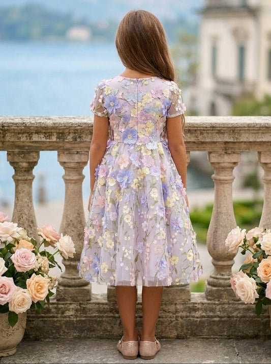 Romantic A Line Round Neck Short Sleeve Zipper Back Flower Girl Dress