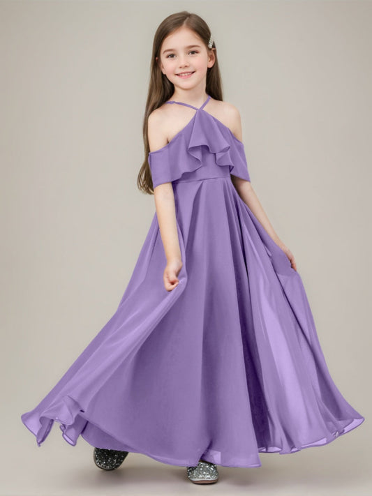 Elegant A-Line Halter Cold Shoulder Ruffle Chiffon Junior Bridesmaid Dress