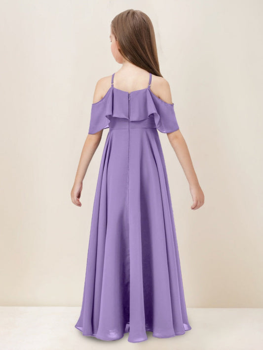 Elegant A-Line Halter Cold Shoulder Ruffle Chiffon Junior Bridesmaid Dress