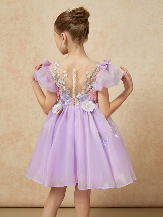 Enchanting A-Line Illusion-Neck Puff-Sleeve Button-Back Above-Knee Flower Girl Dresses