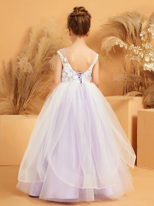 Dreamy Ball Gown Illusion-Neck Cap-Sleeve Lace-Up Floor-Length Flower Girl Dresses