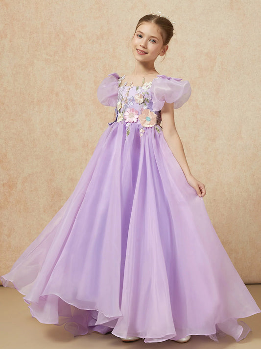 Whimsical A-Line Illusion-Neck Puff-Sleeve Illusion-Back Floor-Length Flower Girl Dresses