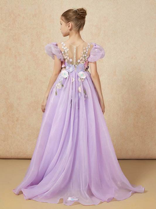 Whimsical A-Line Illusion-Neck Puff-Sleeve Illusion-Back Floor-Length Flower Girl Dresses