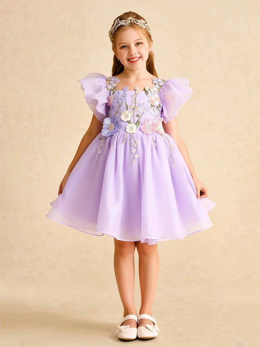 Heowos lavender floral flower girl dress with square neck ruffle sleeves and A-line knee-length skirt