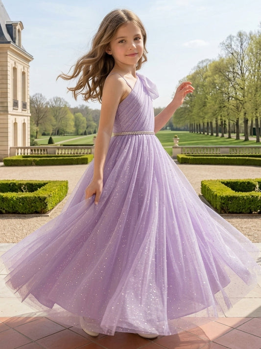 Sparkly A-Line One Shoulder Sleeveless Bow Back Floor Length Flower Girl Dress