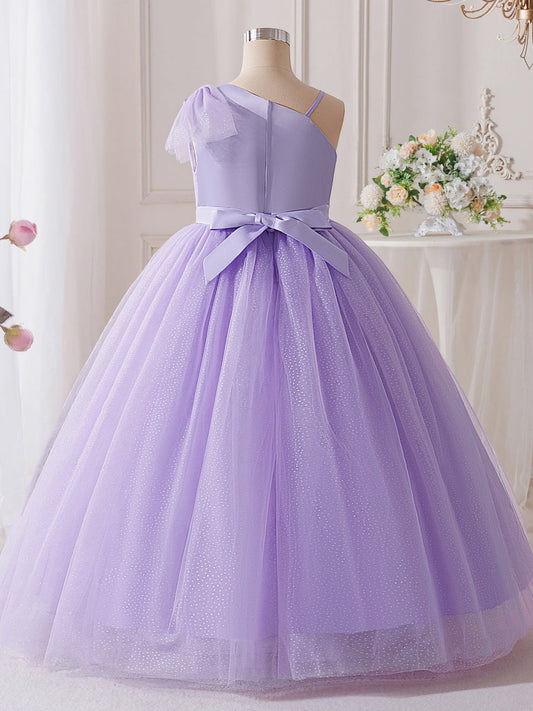Sparkly A-Line One Shoulder Sleeveless Bow Back Floor Length Flower Girl Dress