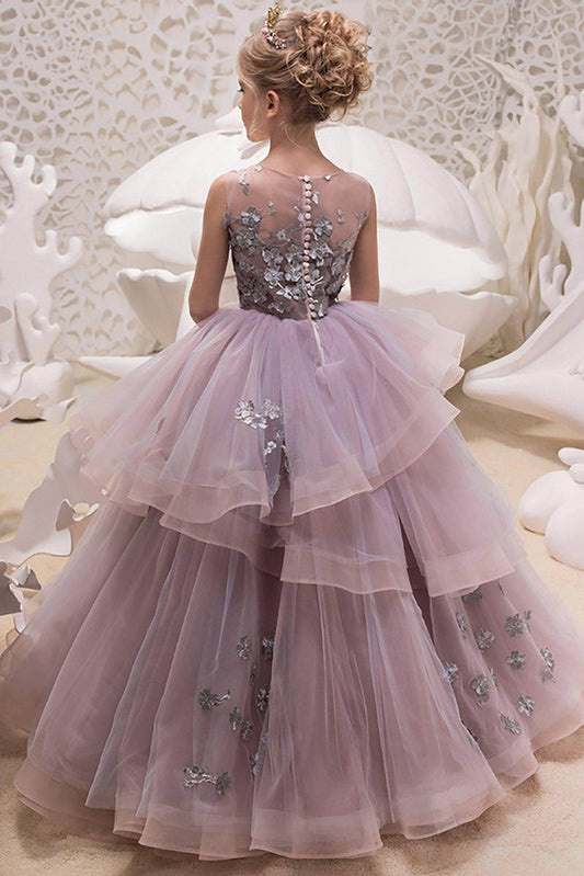 Luxury Princess Round Neck Sleeveless Illusion Back Floor Length Flower Girl Dress