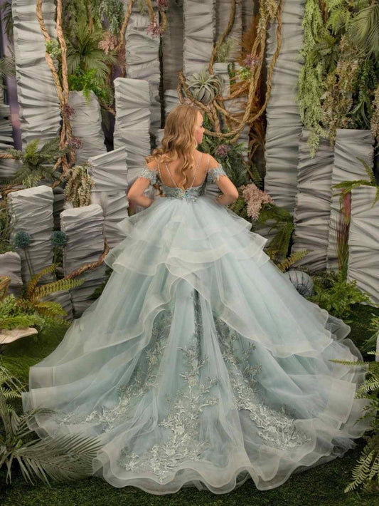 Dusty Blue Ball Gown Off Shoulder Cold Shoulder Lace Corset Back Floor Length Pageant Gown