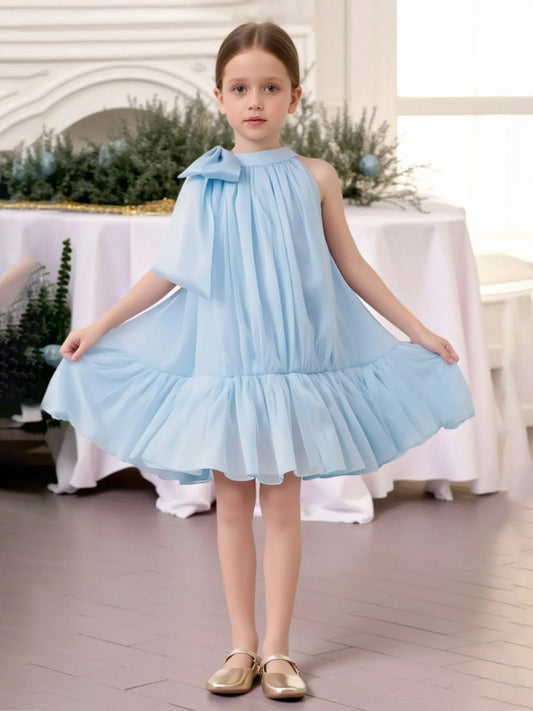 Heowos light blue girls dress with tie back bow detail sleeveless design and ruffled knee-length skirt