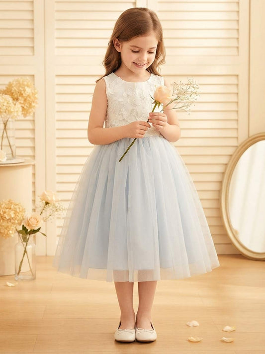 Elegant A-Line Round Neck Sleeveless V-Back Bow Tea-Length Flower Girl Dress