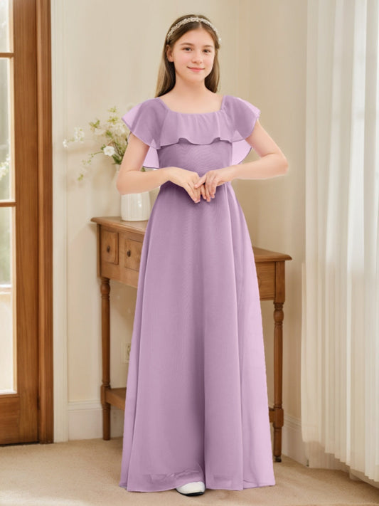 Elegant A-Line Square Neck Ruffle Sleeve Square Back Junior Bridesmaid Dresses