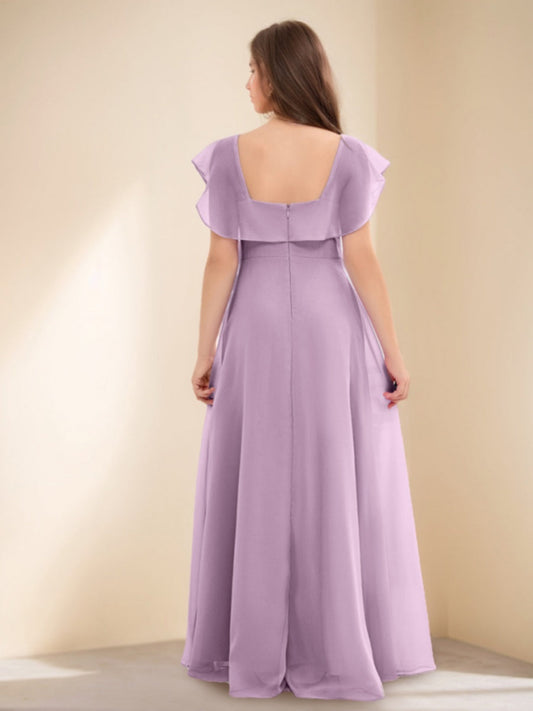 Elegant A-Line Square Neck Ruffle Sleeve Square Back Junior Bridesmaid Dresses
