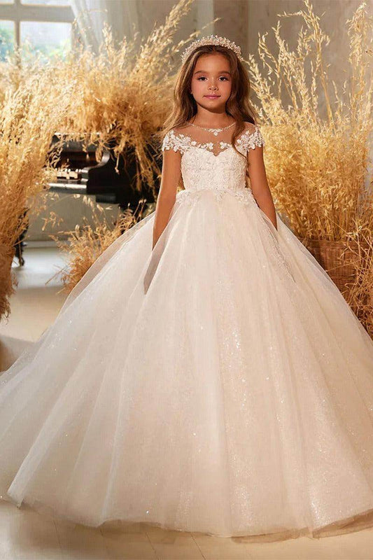 Luxury A-Line Princess Scoop Neck Short Sleeve Lace Back Floor-Length Flower Girl Dresses