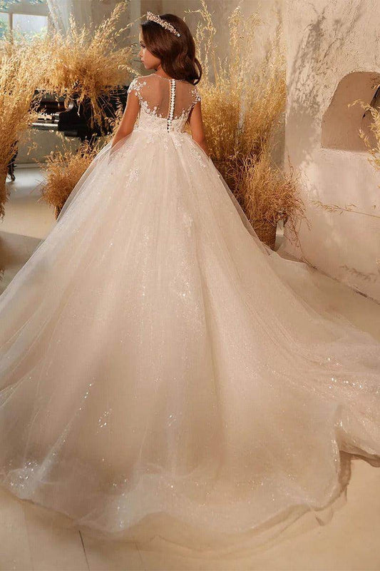 Luxury A-Line Princess Scoop Neck Short Sleeve Lace Back Floor-Length Flower Girl Dresses