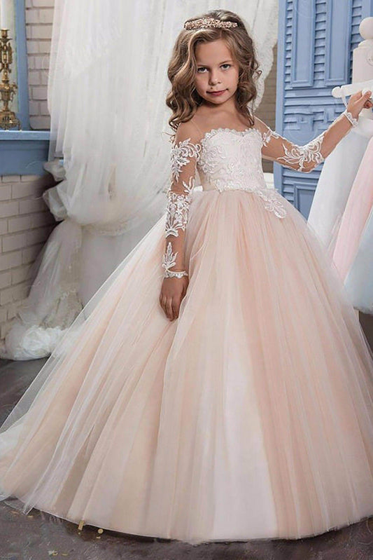 Luxury Princess Off Shoulder Long Sleeve Lace Back Flower Girl Dress