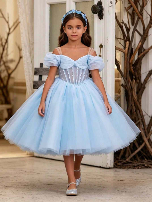 Soft Blue Ballgown Off Shoulder Puff Sleeve Corset Back Midi Flower Girl Dress