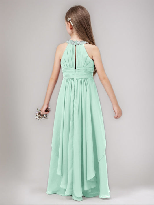 Elegant A-Line Beaded Halter Sleeveless Keyhole Back Junior Bridesmaid Dresses