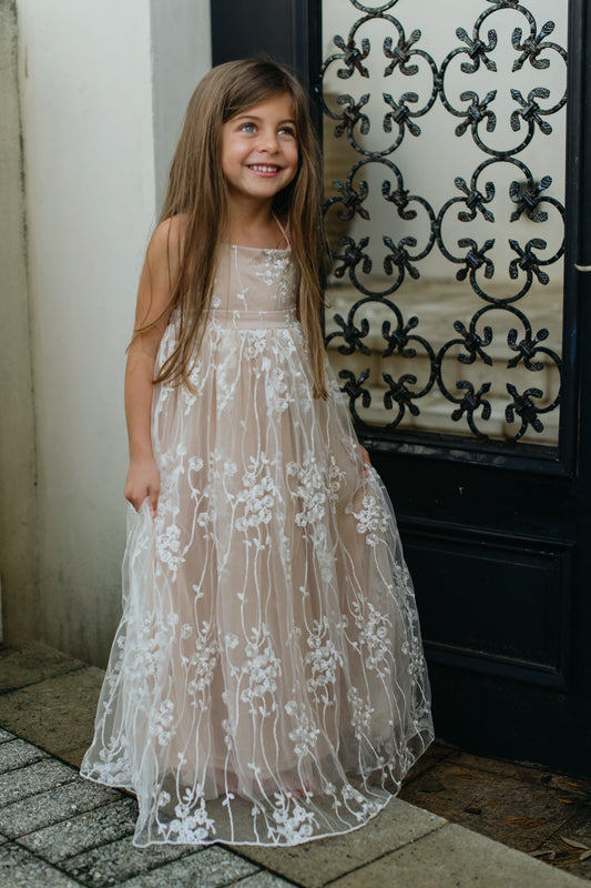 Elegant A-Line Square Neck Sleeveless Crisscross Back Flower Girl Dress