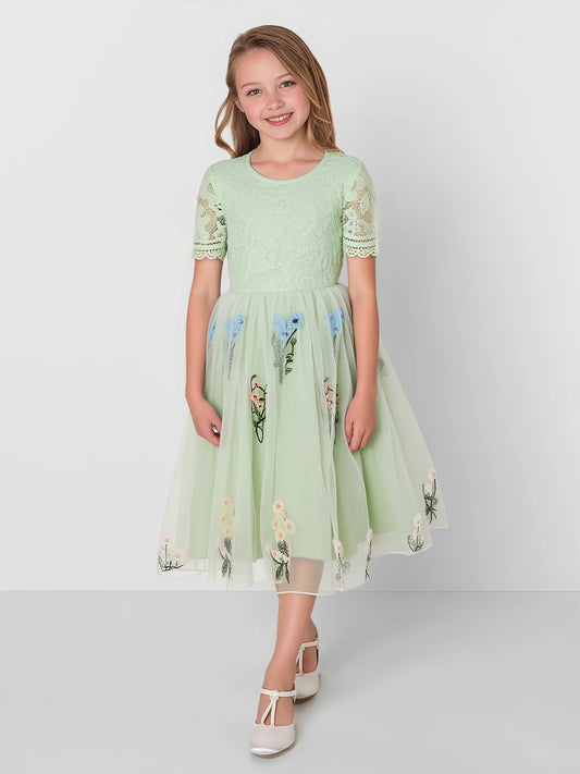 Heowos mint green junior bridesmaid dress with lace bodice short sleeves and floral embroidered tulle skirt