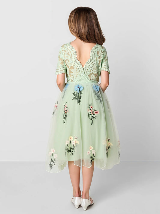Heowos Elegant A-Line Round Neck Short Sleeve V-Back Tea-Length Junior Bridesmaid Dress