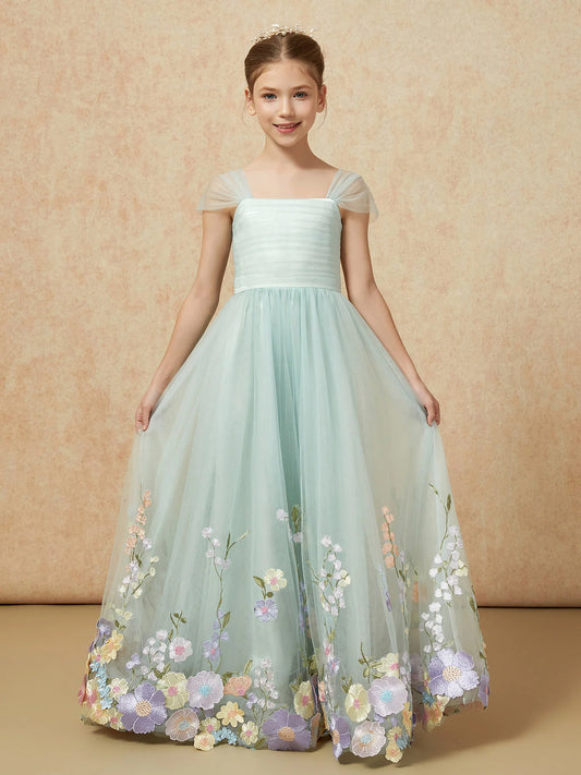 Heowos mint green junior bridesmaid dress with square neck, sheer cap sleeves, pleated bodice and floral embroidered tulle hem.