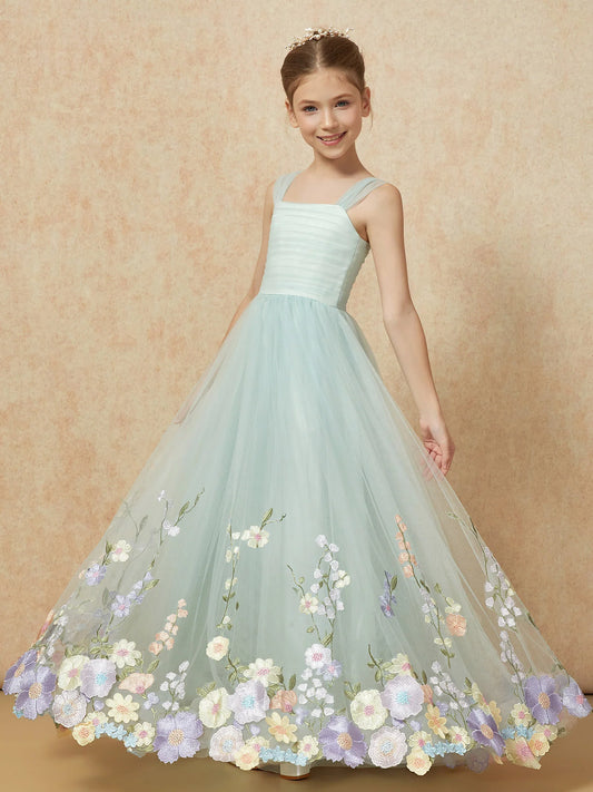 Whimsical A-Line Square-Neck Cap-Sleeve Zipper-Back Floor-Length Floral Junior Bridesmaid Dresses