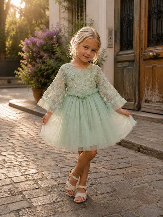 Elegant A-Line Round Neck Bell Sleeve Bow Back Flower Girl Dress