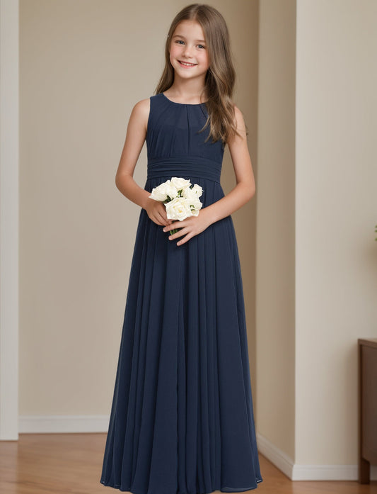 Elegant A-Line Round Neck Sleeveless Keyhole Back Junior Bridesmaid Dress