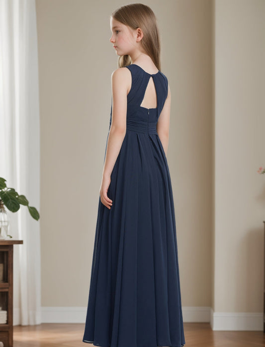 Elegant A-Line Round Neck Sleeveless Keyhole Back Junior Bridesmaid Dress