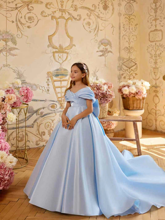 Luxury Ballgown Off Shoulder Short Sleeve Open Back Train Flower Girl Dress