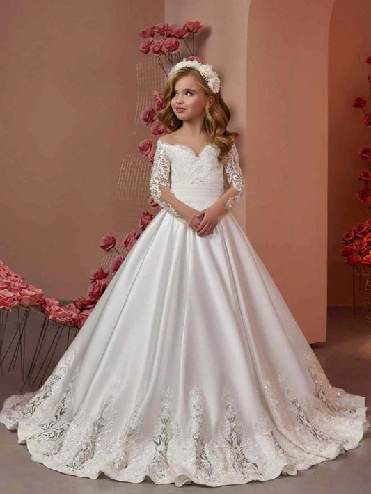 Elegant Ball Gown Off Shoulder 3/4 Lace Sleeves Zipper Back Train Length Flower Girl Dress