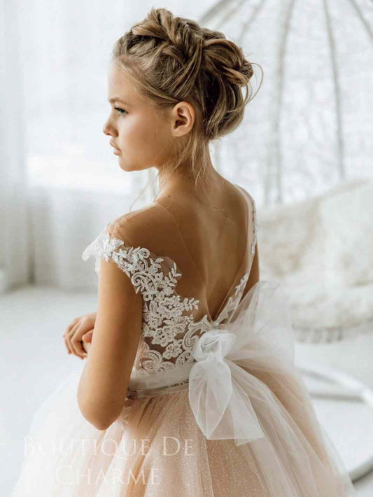 Champagne A-line Off Shoulder Cap Sleeve Sheer Back Train Flower Girl Dress