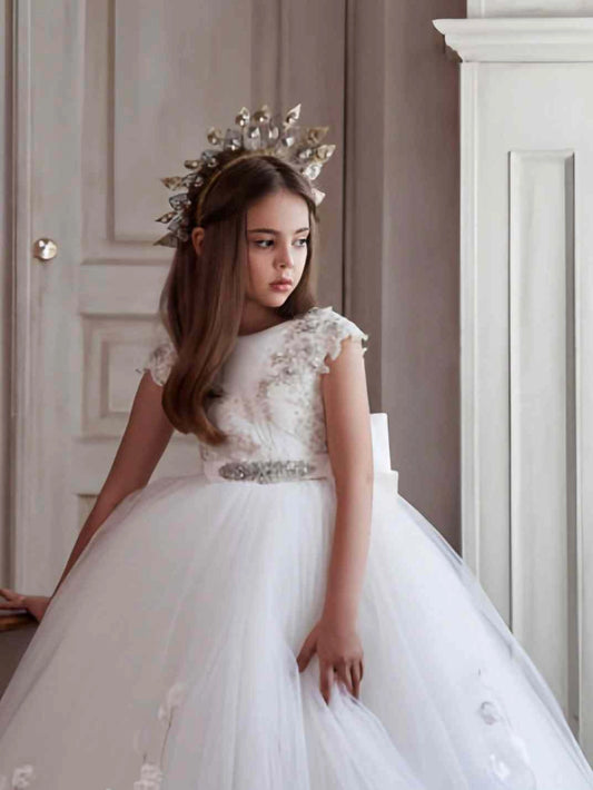 Luxury Ball?Gown Round?Neck Cap?Sleeve Keyhole?Back Train?Length First?Communion Dress