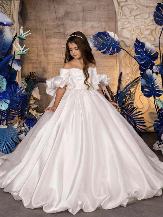 Luxury Ballgown Off?Shoulder Puff Sleeve Closed Back Train First Communion Dress