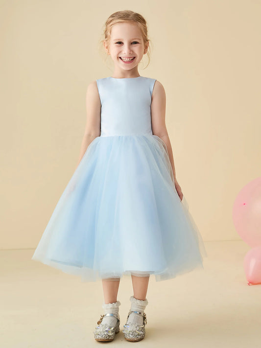 Heowos pastel blue tea-length flower girl dress with sleeveless round-neck bodice and full layered tulle skirt, front view