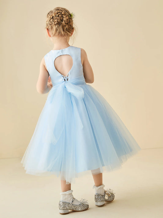 Dreamy A-Line Round Neck Sleeveless Heart Keyhole Tie-Back Tea-Length Flower Girl Dresses