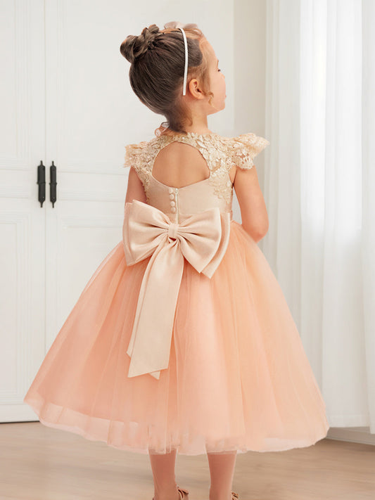 Sweet Tulle A-Line Round Neck Lace Keyhole Bow Flower Girl Dress
