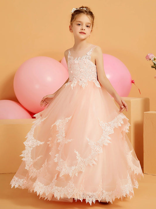 Heowos peach pink flower girl dress with a sleeveless illusion neckline, floral lace bodice and floor-length cascading tulle skirt with lace borders.