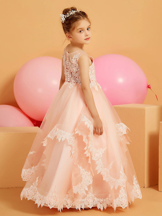 Romantic Ball Gown Illusion-Neck Sleeveless Button-Back Floor-Length Flower Girl Dresses