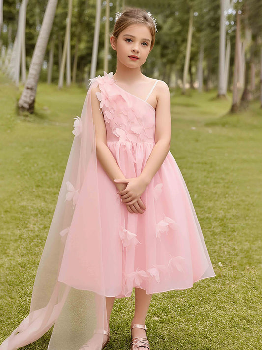 Heowos blush pink butterfly flower girl dress with one-shoulder tulle drape and A-line tea-length skirt