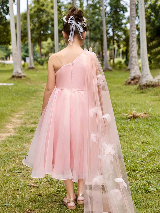 Heowos Romantic A-Line One-Shoulder Sleeveless Zipper-Back Tea-Length Flower Girl Dress