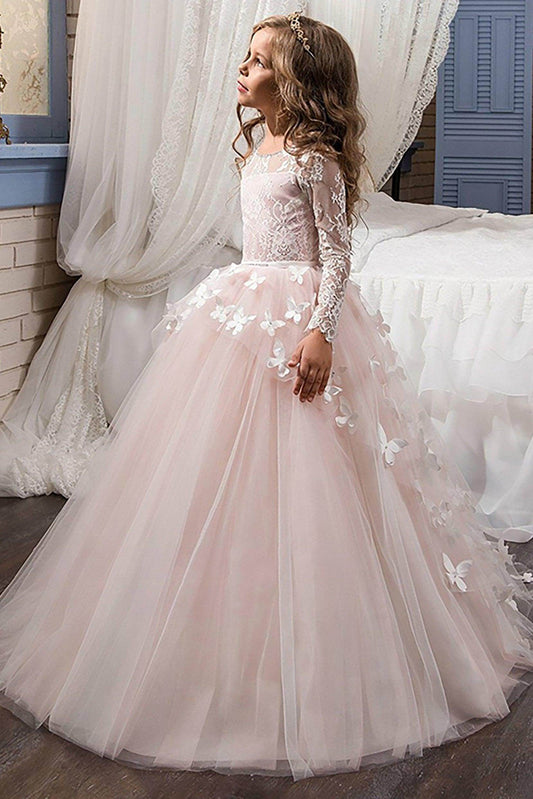 Luxury Princess Round Neck Long Sleeve Lace Back Floor Length Butterfly Flower Girl Dress
