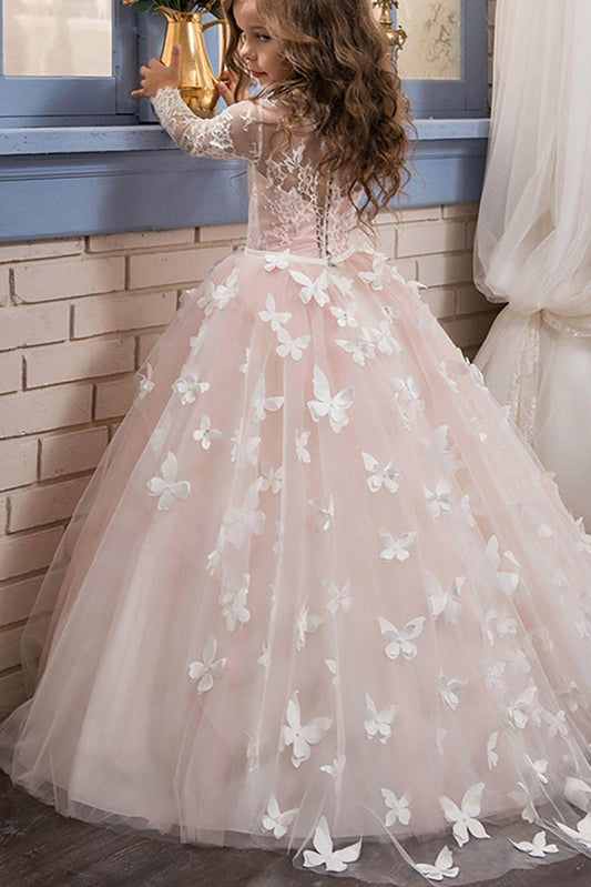 Luxury Princess Round Neck Long Sleeve Lace Back Floor Length Butterfly Flower Girl Dress