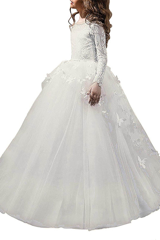 Luxury Princess Round Neck Long Sleeve Lace Back Floor Length Butterfly Flower Girl Dress