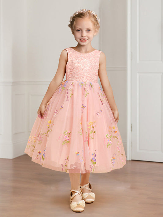 Romantic Floral Tulle A-Line Round Neck V-Back Flower Girl Dress