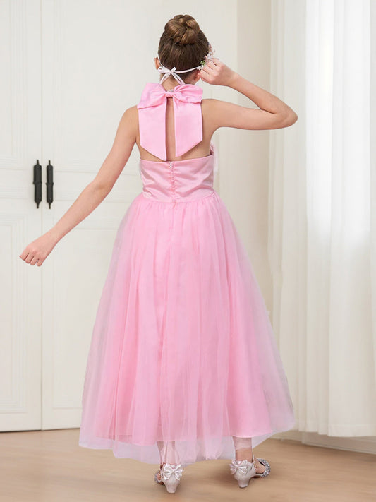 Charming A-Line Halter Neck Sleeveless Bow Back Tulle Flower Girl Dress