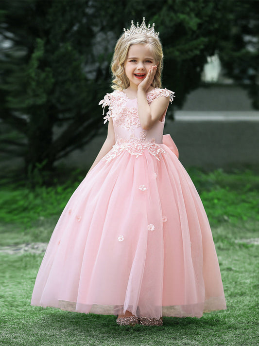 Princess A-Line Lace Round Neck Bow Floor-Length Flower Girl Dress