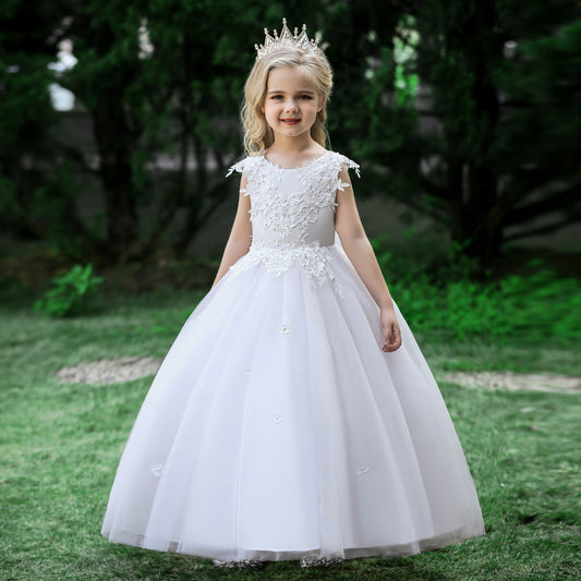 Princess A-Line Lace Round Neck Bow Floor-Length Flower Girl Dress