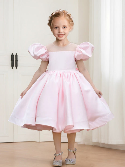 Charming Satin A-Line Illusion Neck Puff Sleeve Bow Flower Girl Dress