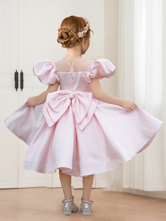 Charming Satin A-Line Illusion Neck Puff Sleeve Bow Flower Girl Dress
